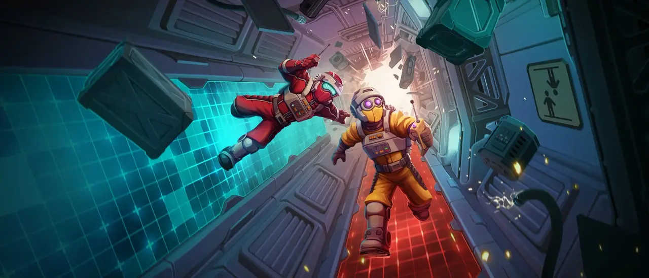 Official illustrated key art of two Explorers in a gravity-shifted Norček Industries corridor