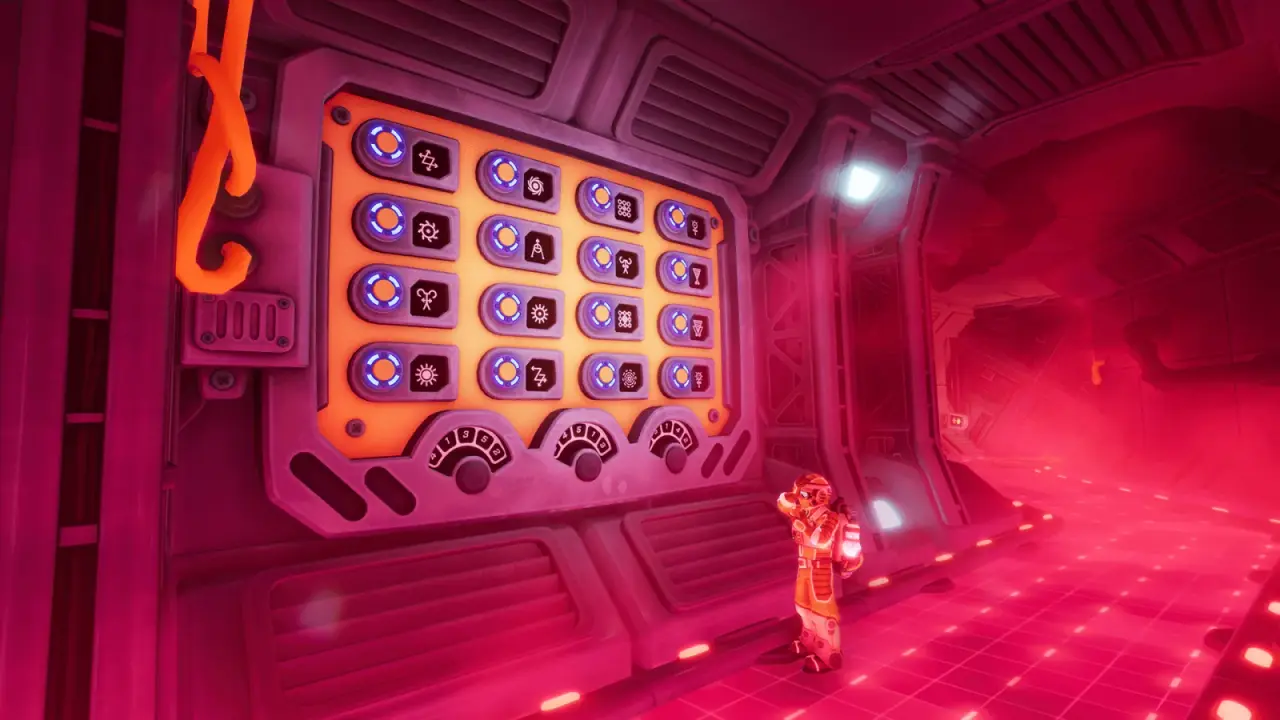 Wall panel of symbol buttons above an Explorer in a red-lit room